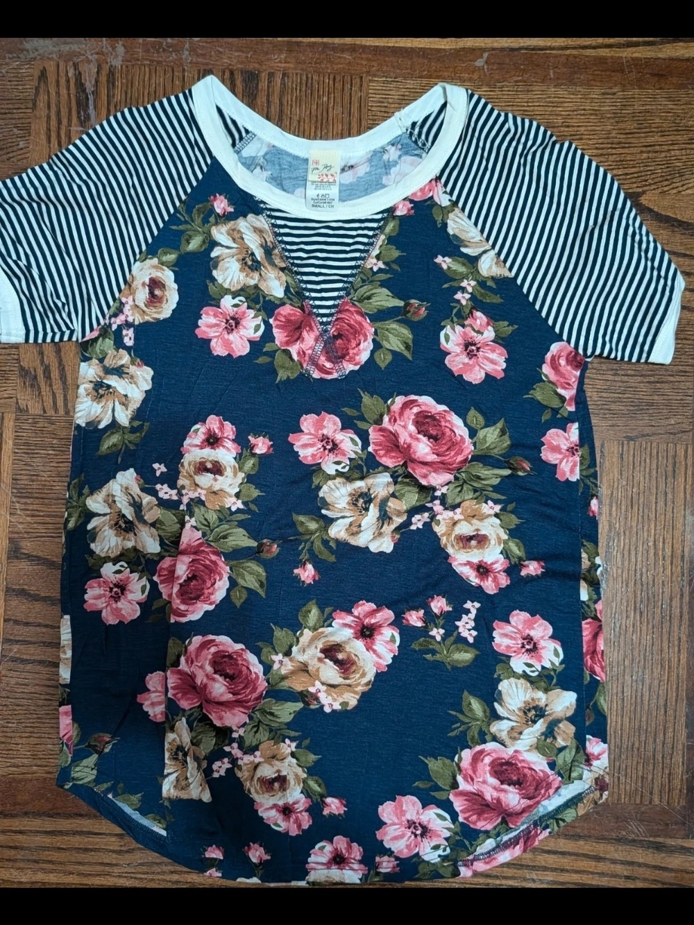 7th Ray Navy Floral Raglan Tee with Pink and Cream Flowers